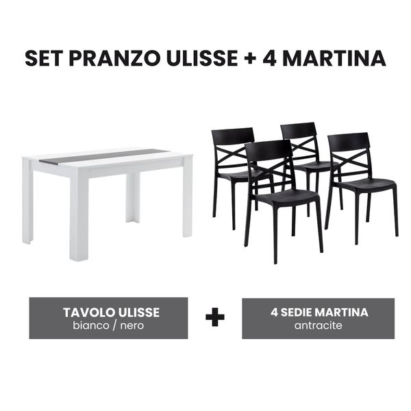 Set Da Pranzo Con Tavolo 135×80 Cm In Legno Rivestito In Melamina E Sedie In Polipropilene Rinforzato Con Fibra Di Vetro - Design Moderno, Robusto E Salvaspazio Per Cucina E Sala Da Pranzo - Ulisse + Martina - Bianco/Bianco/Nero-image