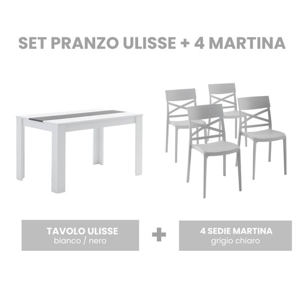 Set Da Pranzo Con Tavolo 135×80 Cm In Legno Rivestito In Melamina E Sedie In Polipropilene Rinforzato Con Fibra Di Vetro - Design Moderno, Robusto E Salvaspazio Per Cucina E Sala Da Pranzo - Ulisse + Martina - Grigio Chiaro/Bianco/Nero-image