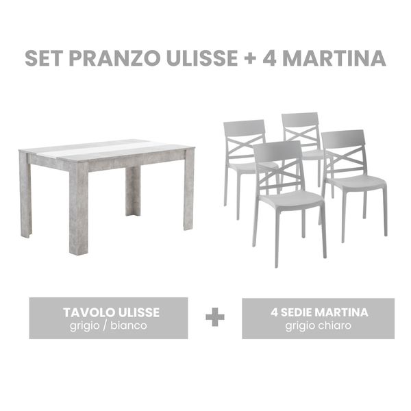 Set Da Pranzo Con Tavolo 135×80 Cm In Legno Rivestito In Melamina E Sedie In Polipropilene Rinforzato Con Fibra Di Vetro - Design Moderno, Robusto E Salvaspazio Per Cucina E Sala Da Pranzo - Ulisse + Martina - Grigio Chiaro/Grigio/Bianco-image