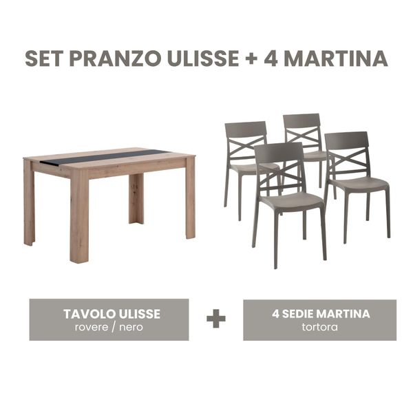 Set Da Pranzo Con Tavolo 135×80 Cm In Legno Rivestito In Melamina E Sedie In Polipropilene Rinforzato Con Fibra Di Vetro - Design Moderno, Robusto E Salvaspazio Per Cucina E Sala Da Pranzo - Ulisse + Martina - Tortora/Quercia/Nero-image