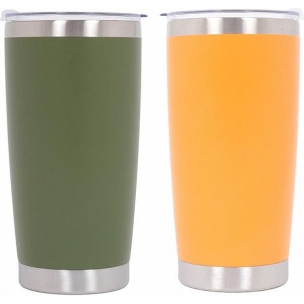 2X Tazza Isolata Thermos In Acciaio Inox SS304 Con Coperchio A Doppia Parete, Tazza Da 590 Ml Verde-Arancio.-image