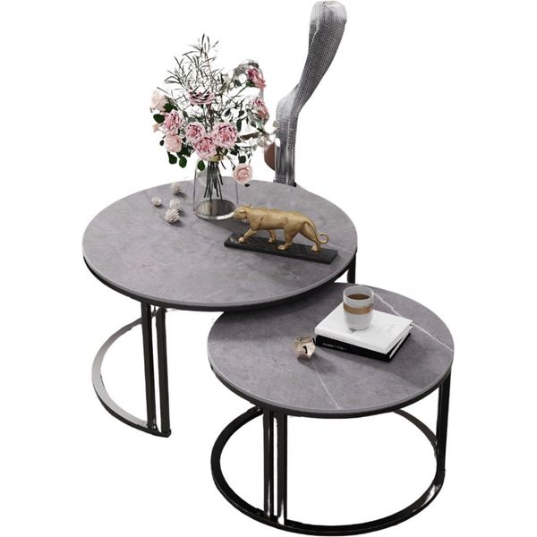 Tavolini Da Caffè Derloni - 2 Pezzi - Grigio Scuro - Tavolini Rotondi - Tavoli Moderni Per Il Soggiorno E L'ufficio-image