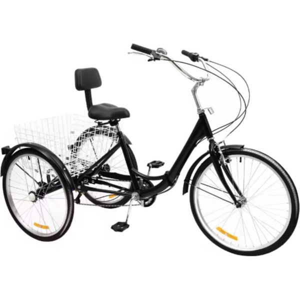 Triciclo Per Adulti Nevlo 24" - Trike A 7 Velocità Per Anziani - Pieghevole, Regolabile, Con Cestino Posteriore E Ruota Anteriore - Nero / Blu / Rosso - Capacità Di Carico 120Kg"-image