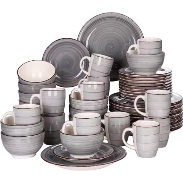 Set Da Portata Velentino - 48 Pezzi - 12 Persone - Ceramica Grigia - Piatti Per La Cena, Piatti Fondi E Piatti Per La Colazione - Stoviglie Alla Moda-image