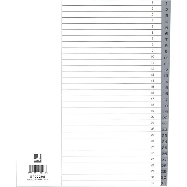 Q-Connect® KF02296 Indice Numerico - 1 - 31, Pp, A4 Extra Largo, 31 Fogli, Grigio-image