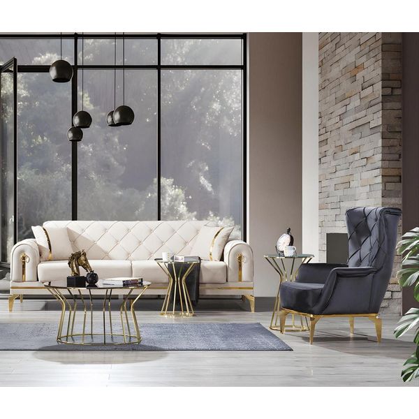 Esclusivo Set Di Divani Chesterfield Poltrona Grigia A Tre Posti Bianca-image