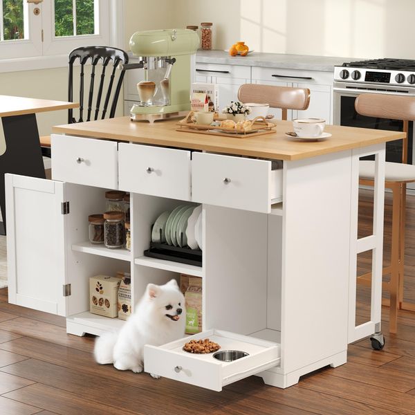 Carrello Da Portata Merax Con Ciotola Per Animali, Isola Da Cucina Su Rotelle, Con Piano Di Lavoro Estensibile, Cassetto, Carrello Da Cucina, Mobile Da Cucina, Bianco-image