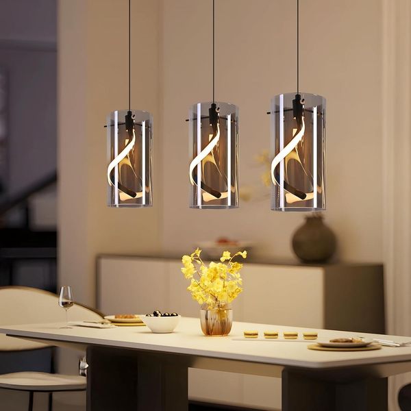 Zmh Led Lampada A Sospensione Per Tavolo Da Pranzo Lampada A Sospensione In Vetro 3 Fiamme Lampada A Sospensione Per Tavolo Da Pranzo Grigio Fumo Lampada A Sospensione Regolabile In Altezza 3000K Per Sala Da Pranzo-image