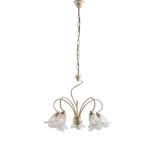 Alice Lampadario In Ferro Laccato Avorio Con Decoraz. Oro Antico E Diffusori In Vetro D. 14 Alabastro Bianchi 5 Luci 106 Ø57-image
