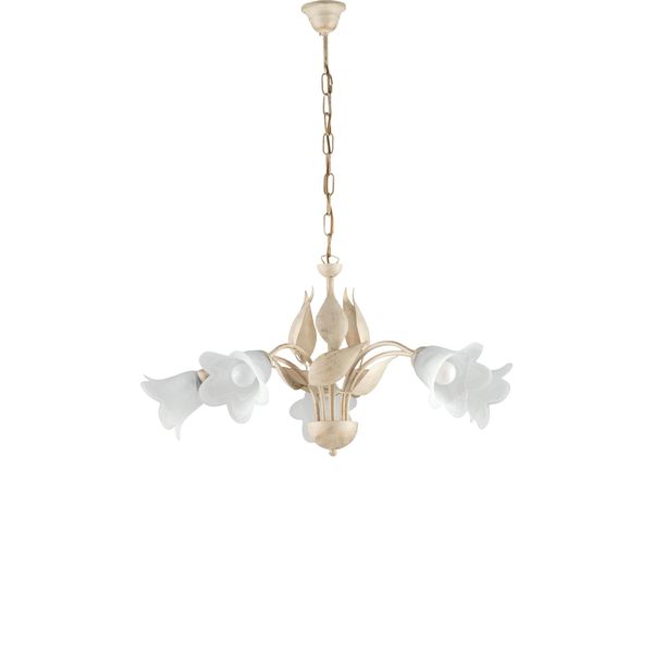 Olga - Lampadario In Ferro Laccato Avorio Con Decoraz. Oro Antico E Diffusori In Vetro D. 14 Alabastro Bianchi 5 Luci 103 - Ø68 - BL155-5-AV-image