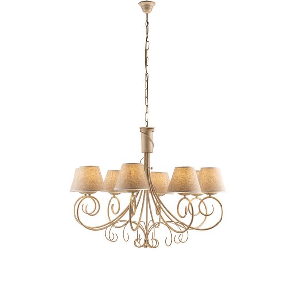 Vienna Lampadario In Ferro Laccato Avorio Con Decoraz. Oro Antico E Paralumi D. 13 In Pvc Effetto Tessuto Juta 8 Luci 123 Ø78-image