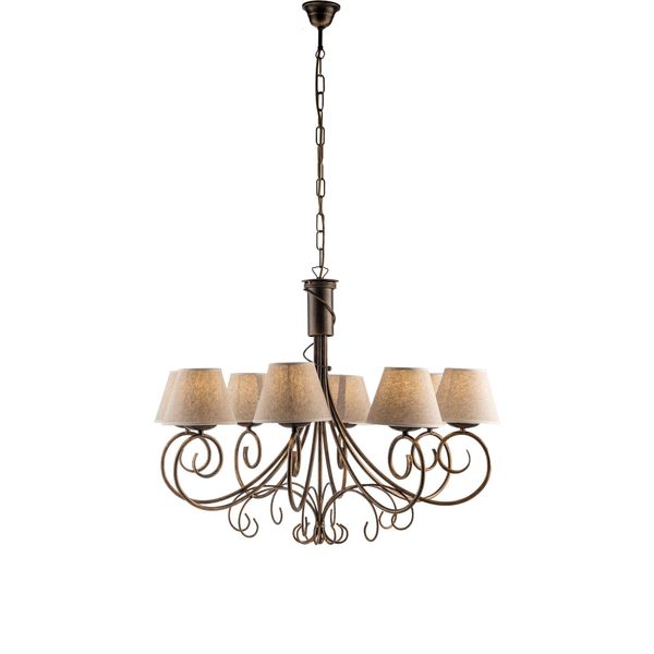 Vienna Lampadario In Ferro Laccato Marrone Con Decoraz. Oro Antico E Paralumi D. 13 In Pvc Effetto Tessuto Juta 8 Luci 123 Ø78-image