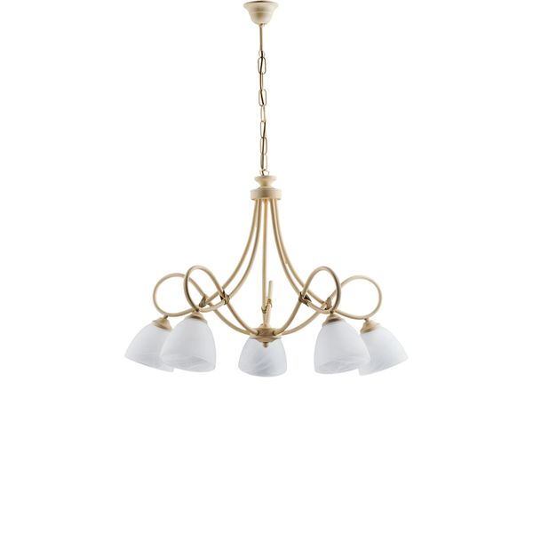 Dallas Lampadario In Ferro Laccato Avorio Con Decoraz. Effetto Decapè E Rifiniture In Oro Antico Con Diffusori In Vetro D. 13 Alabastro Bianchi 5 Luci-image