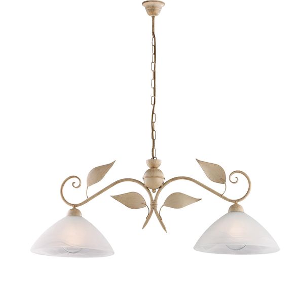 Esse Lampadario In Ferro Laccato Avorio Con Dec. Oro Antico E Diffusori In Vetro D. 30 Alabastro Bianchi 2 Luci L. 96 X 30-image