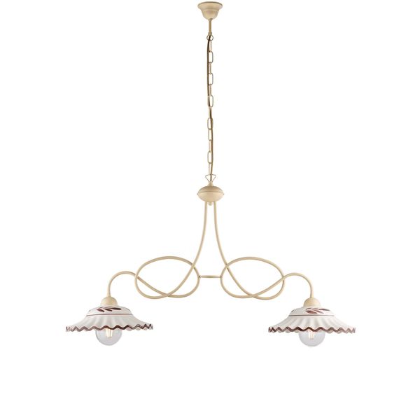 Bistrot Lampadario Inferro Laccato Avorio E Decoraz. Effetto Decapè Con Diffusori In Vetroceramica D. 30 Bianco E Marrone 2 Luci L. 98 X 30-image