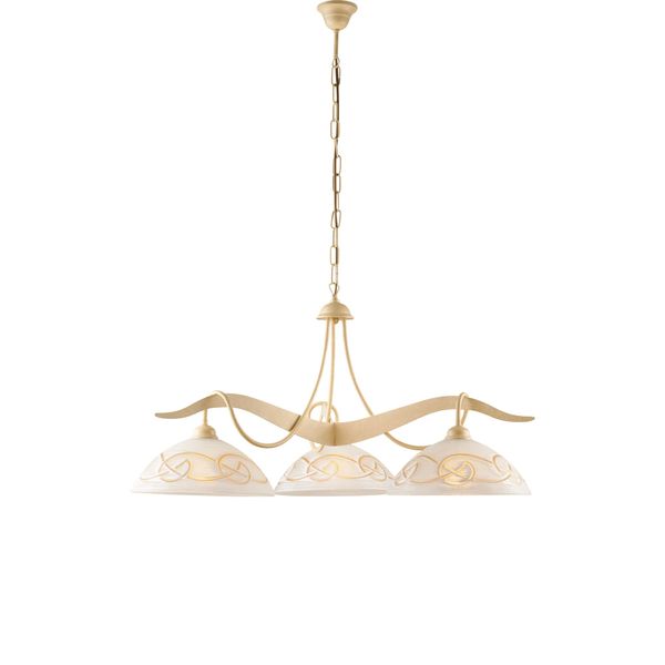 Bilbao - Lampadario In Ferro Laccato Avorio Con Decoraz. Effetto Decapè E Diffusori In Vetro D. 30 Bianchi E Ambra 3 Luci 106 - Ø89-image
