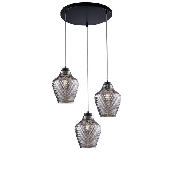 Maya Sospensione In Ferro Laccato Nero Con Cavi Elettrici Regolabili E Diffusori In Vetro Soffiato Grigio Specchiato Con Decoro In Rilievo 3 Luci-image