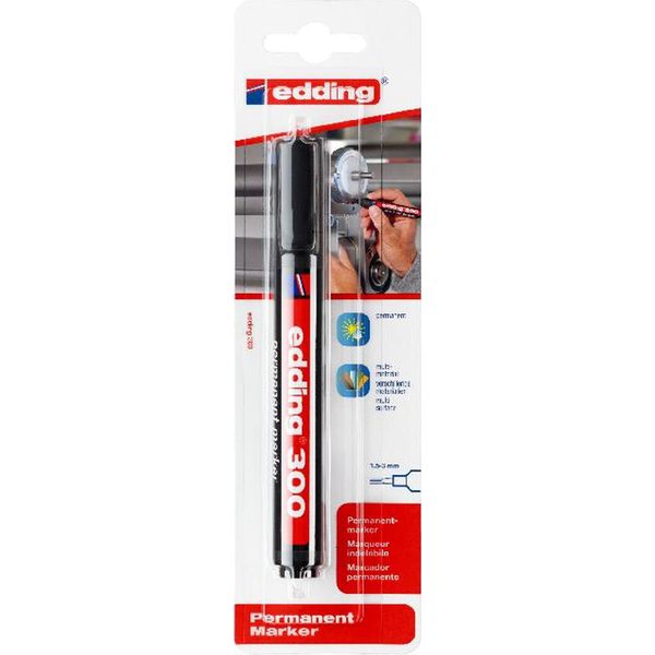 Edding 300 Pennarello Indelebile - Nero - 1 Penna - Punta Tonda 1,5-3 Mm - Impermeabile, Ad Asciugatura Rapida - Anti-Sbavature - Per Cartone, Plastica, Vetro, Legno, Metallo, Vetro-image