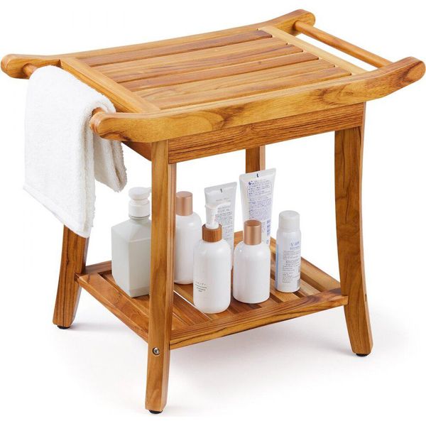 Sgabello Da Doccia In Teak - Panca Da Doccia A Sgabello Per Bagno - Sedile Da Doccia Fino A 136 Kg - Porta Asciugamani Per Bagno-image