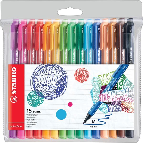 Penne A Punta Di Feltro - Stabilo Pointmax - Confezione Da 15 - Con 15 Colori Diversi-image