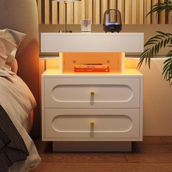 Comodino Con Illuminazione Led, Comodino Con 2 Cassetti E Vano A Giorno, Comodino In Truciolato Bianco, L50×P40×H60 Cm-image