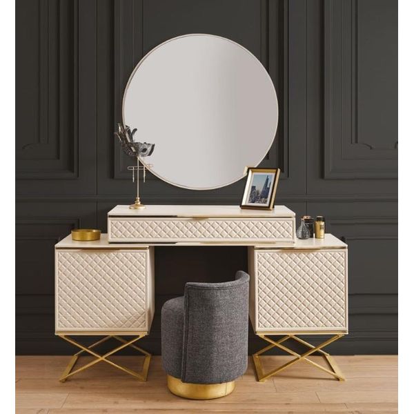 Elegante Set Da Camera Da Letto Tavolino Da Toilette Con Specchio Mobili Moderni Beige-image