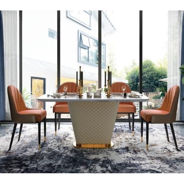 Tavolo Da Pranzo In Pelle + Acciaio Inox Marmo Imitazione Pietra Tavolo Da Pranzo 160X100-image