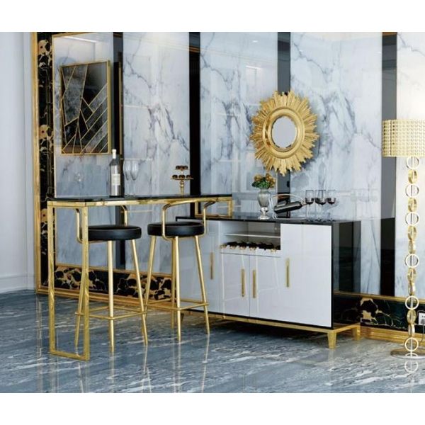 Lusso In Acciaio Inox Vetro Casa Bar 4 Pezzi Set Tavolo Bar 2X Sgabello Bar Mobile Nuovo-image
