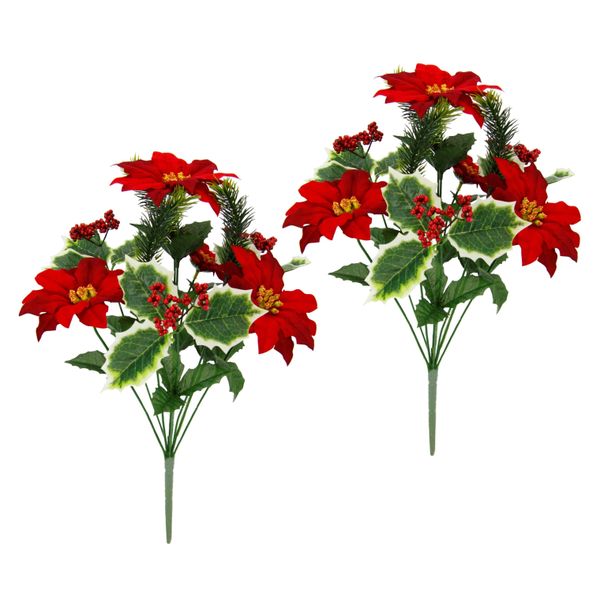 Kunstblume I.Ge.A. "Poinsettiastrauß", Rot, B:30Cm H:45Cm L:18Cm, Polyester, Kunstpflanzen, 2Er Set Bouquet Aus Weihnachtsstern Ilex Beeren Tanne Weihnachtsdeko-image