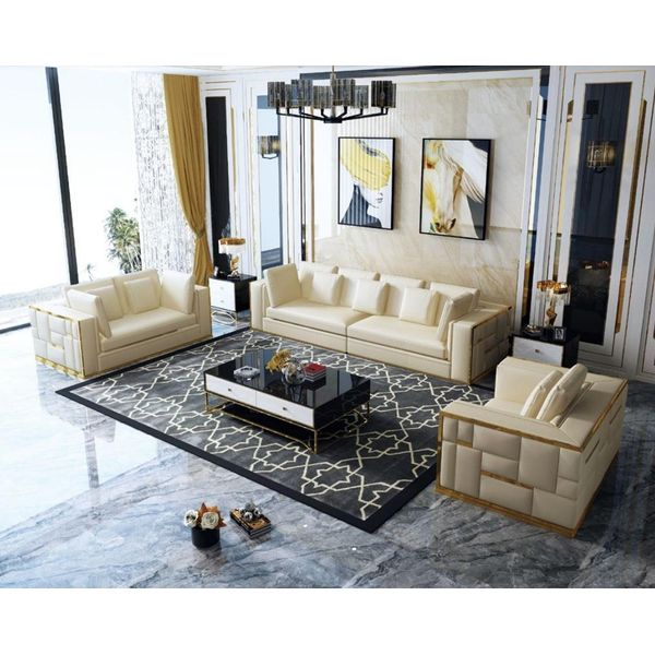 Divano Di Design Couch Upholstery Seat Set 3+2+1+ Chaise Longue In Pelle Luxury Metal-image