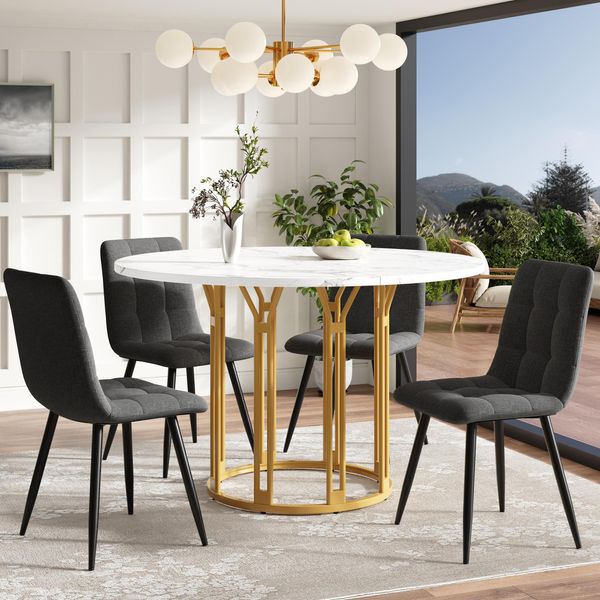 Set Da Pranzo Flieks Set Da Pranzo Da 5 Pezzi, Tavolo Da Pranzo Con 4 Sedie Da Pranzo, Tavolo Rotondo Con Effetto Marmo, Sedie Imbottite Con Rivestimento In Lino, Oro-image