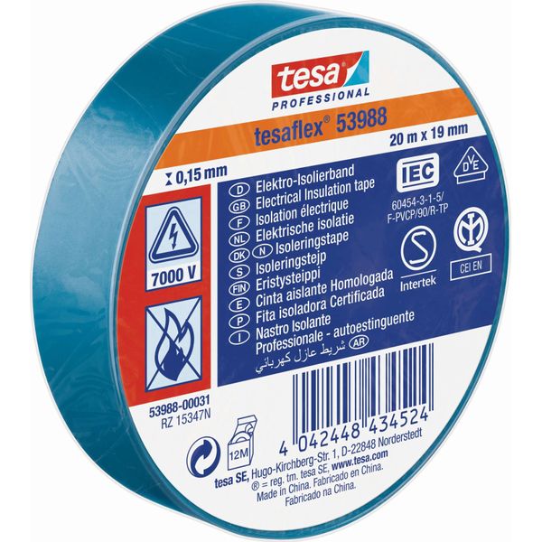 Tesa 53988 Nastro Isolante Professionale 7000V, 25 M X 19 Mm, Blu-image