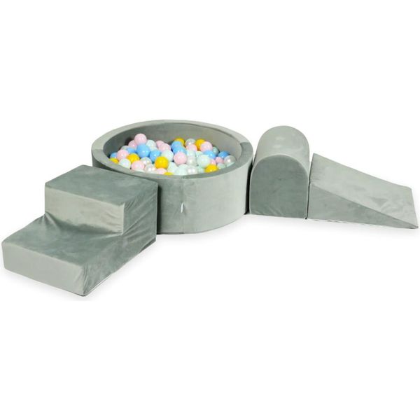 Parco Giochi In Schiuma Con Vasca Rotonda 90X30 Grigio Velluto + 200 Palline: Menta Chiara, Rosa Chiaro, Azzurro, Madreperla, Giallo-image