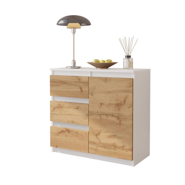 Mikel - Cassettiera / Credenza Con 3 Cassetti E 1 Anta - Bianco Opaco / Rovere Wotan H75Cm L80Cm P35Cm-image