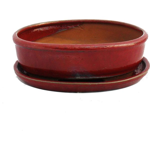 Ciotola Bonsai Con Piattino Gr. 8 Pollici - Rosso - Ovale - Modello O3 - L 21 Cm - L 16 Cm - H 6 Cm-image