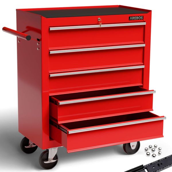 Arebos® Carrello Da Officina Rosso | 5 Scomparti, Cassetti Robusti E Chiudibili A Chiave-image