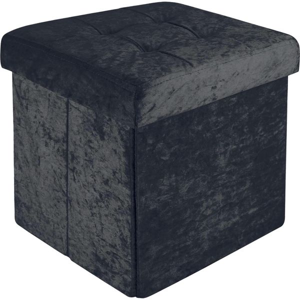 Intirilife Sgabello Pieghevole 30X30X30 Cm In Velluto Nero - Cubo Di Seduta Con Vano Portaoggetti E Coperchio Con Rivestimento In Velluto - Cubo Di Seduta Poggiapiedi Scatola Di Immagazzinaggio Cassettiera Panca Sedile-image