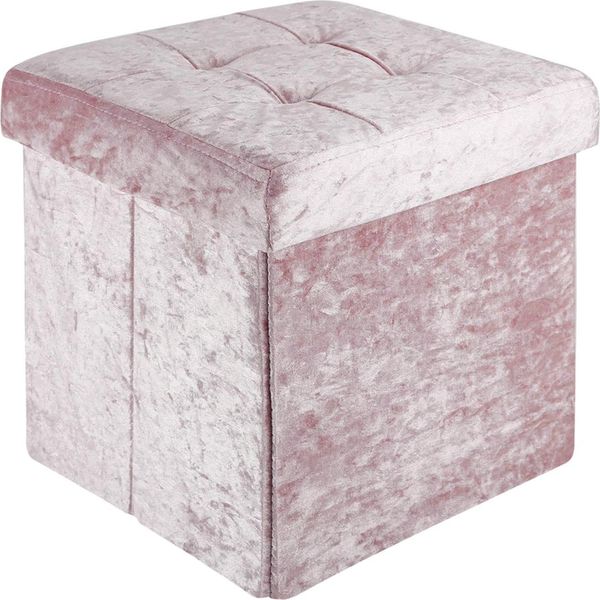 Intirilife Sgabello Pieghevole 38X38X38 Cm In Velluto Rosé - Cubo Di Seduta Con Vano Portaoggetti E Coperchio Con Rivestimento In Velluto - Cubo Di Seduta Poggiapiedi Scatola Di Immagazzinaggio Cassapanca Seduta-image