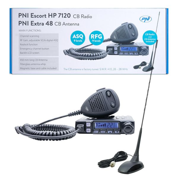 Kit Trasmettitore Radio Cb Pni Escort Hp 7120 Asq, Amplificazione Hf, 4 W, 12 V E Antenna Cb Pni Extra 48 Con Magnete In Dotazione-image