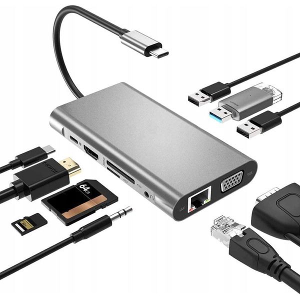 10 In 1 Hub Type-C A 4K Hdmi / Vga / Usb 3.0 / Tf / Sd / Audio / Lan RJ45 Gigabit Ethernet / Pd 87W Adattatore Per Macbook / Windows Laptop-image