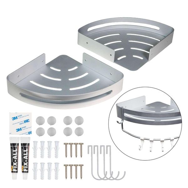 Intirilife 2X Mensola Per Doccia Mensola Per Doccia In Argento - 30 X 22,5 X 4,5 Cm - Mensola Per Bagno Mensola Angolare Con 2 Ganci, Da Forare O Incollare-image