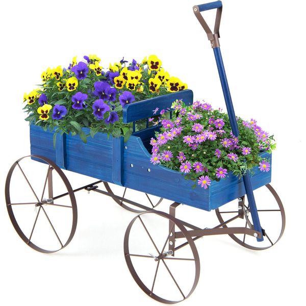Costway Portafiori In Legno Carrello Portapiante Carrello Portafiori Con Ruote In Metallo Portafiori Per Giardino E Terrazzo 34X62X60Cm (Blu)-image
