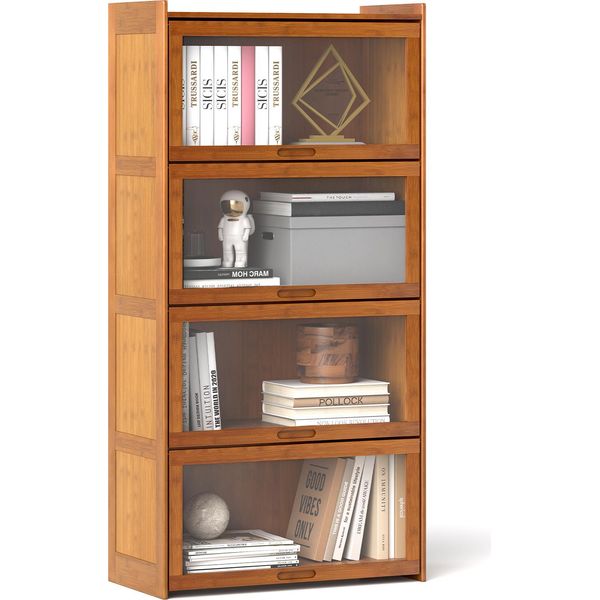 Costway Libreria A 4 Livelli Con Ante, Scaffale In Bambù Alto 140 Cm Con Ante In Acrilico Trasparente, Vetrina Indipendente Marrone-image