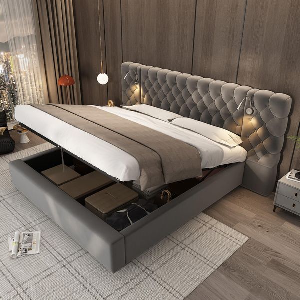 Letto Imbottito Abrihome 160X200 Cm Con Contenitore, Letto Matrimoniale In Velluto Idraulico Con Illuminazione Led, Grigio-image