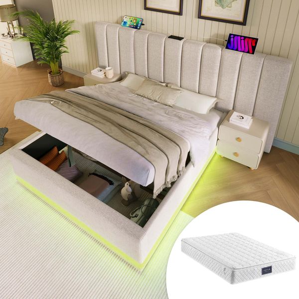 Letto Imbottito 160×200, Letto Matrimoniale Letto Contenitore Con App Control Led, Lino, Beige, Con Materasso, Senza Comodino-image