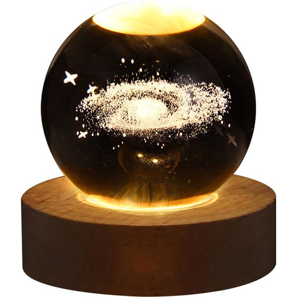 Globo Di Cristallo Luce 3D Inciso Incandescente Sfera Di Cristallo Luce Notturna Romantica Lampada D'ambiente Con Base In Legno-image