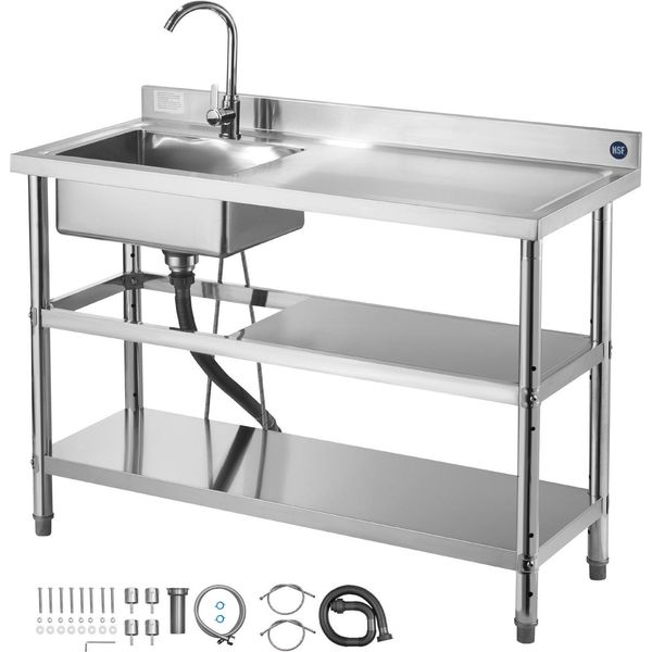 Lavello Succebuy In Acciaio Inox (120 X 50 X 94 Cm), Monovasca Con Rubinetto E Due Ripiani, Lavello Da Cucina Per Garage, Ristorante O Esterno, Lavabo Con Piano Di Lavoro (A Destra)-image
