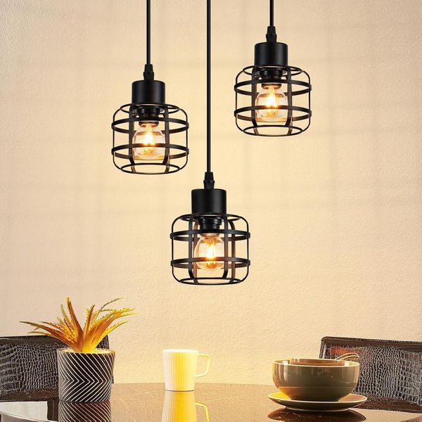 Zmh Lampada A Sospensione Tavolo Da Pranzo Lampada A Sospensione In Metallo 3 Fiamme Lampada A Sospensione E14 Lampada Nera Lampada A Sospensione Regolabile In Altezza Per La Cucina (Senza Lampadina)-image