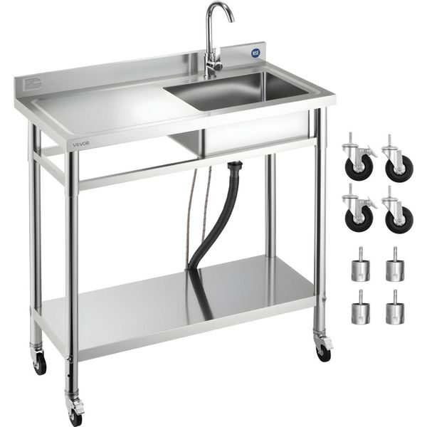 Lavello Vevor In Acciaio Inox (1000 X 500 X 1055 Mm), Vasca Singola Con Rubinetto E Ruote, Lavello Da Cucina Per Garage Ristorante Lavanderia, Lavello Da Esterno Con Piano Di Lavoro (A Sinistra)-image