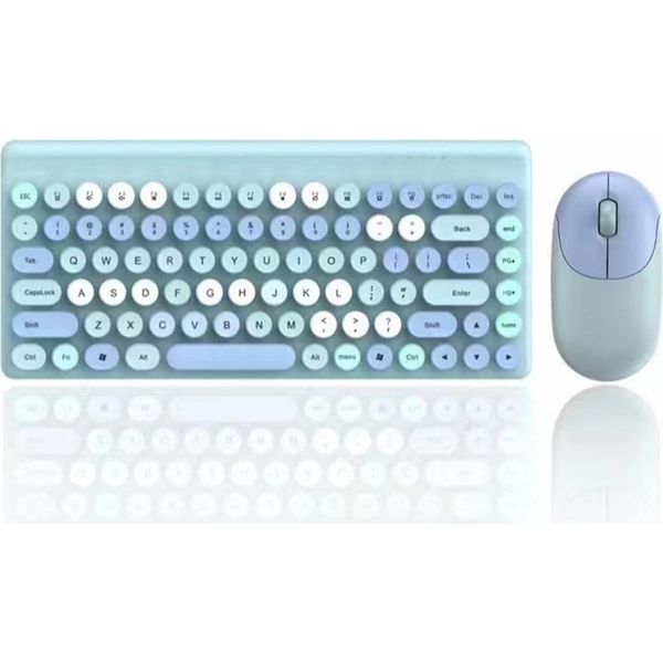 Set Di Tastiera E Mouse Wireless 2.4G QW02, Tastiera Meccanica + Mouse A 86 Tasti Con Tasti Tondi Retrò, Blu-image